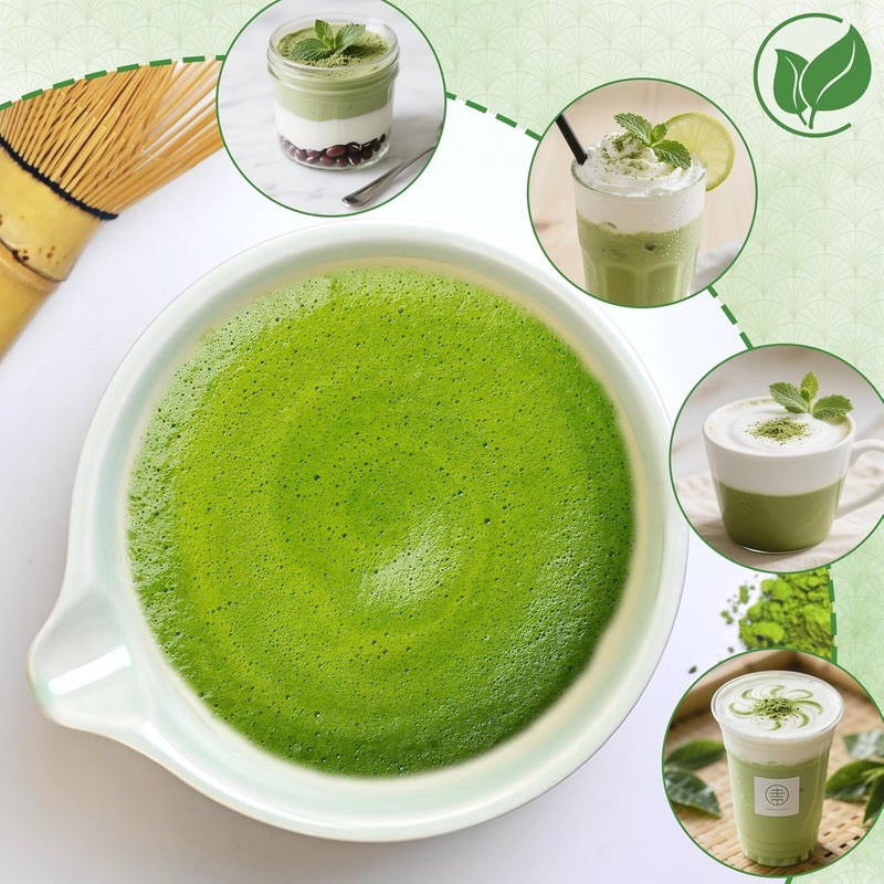 Evoio Matcha Whisk Set, 7 Pcs Ceramic Matcha Whisk Kit, Bowl with Spout, Holder, Stainless Sifter, Bamboo Scoop and Tea Towel, Gift Set for Tea Lovers - Image 5